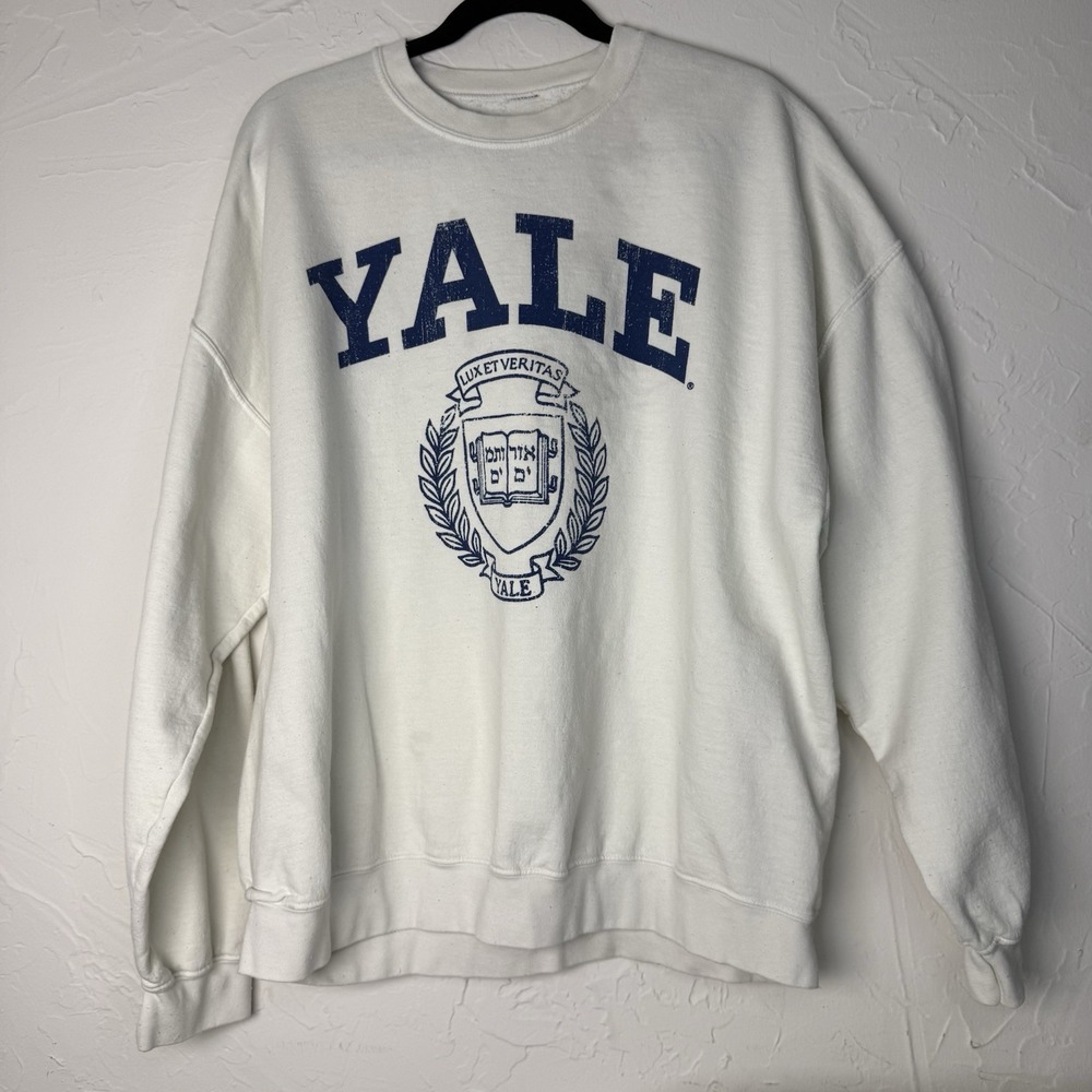 Yale University Crewneck Sweatshirt OS Cream Navy Crest Spellout Oversized